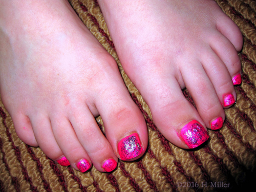 Shimmery Silver Over Pink Looks Amazing On This Girls Pedicure!