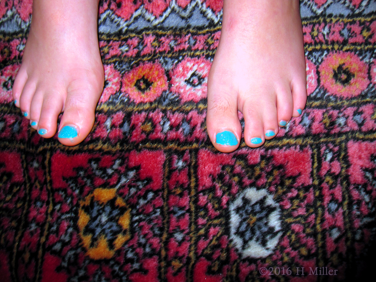 Check Out Her Completed Kids Pedicure! What A Cool Blue Shade! 