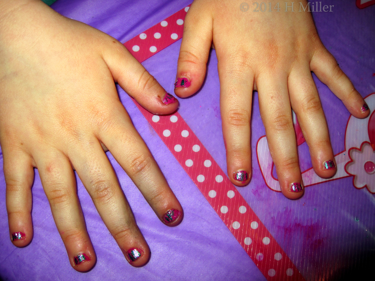 Kids Nail Art Hot Pink Background With Metallic Blue Vertical Lines N Tons O' Glitter 