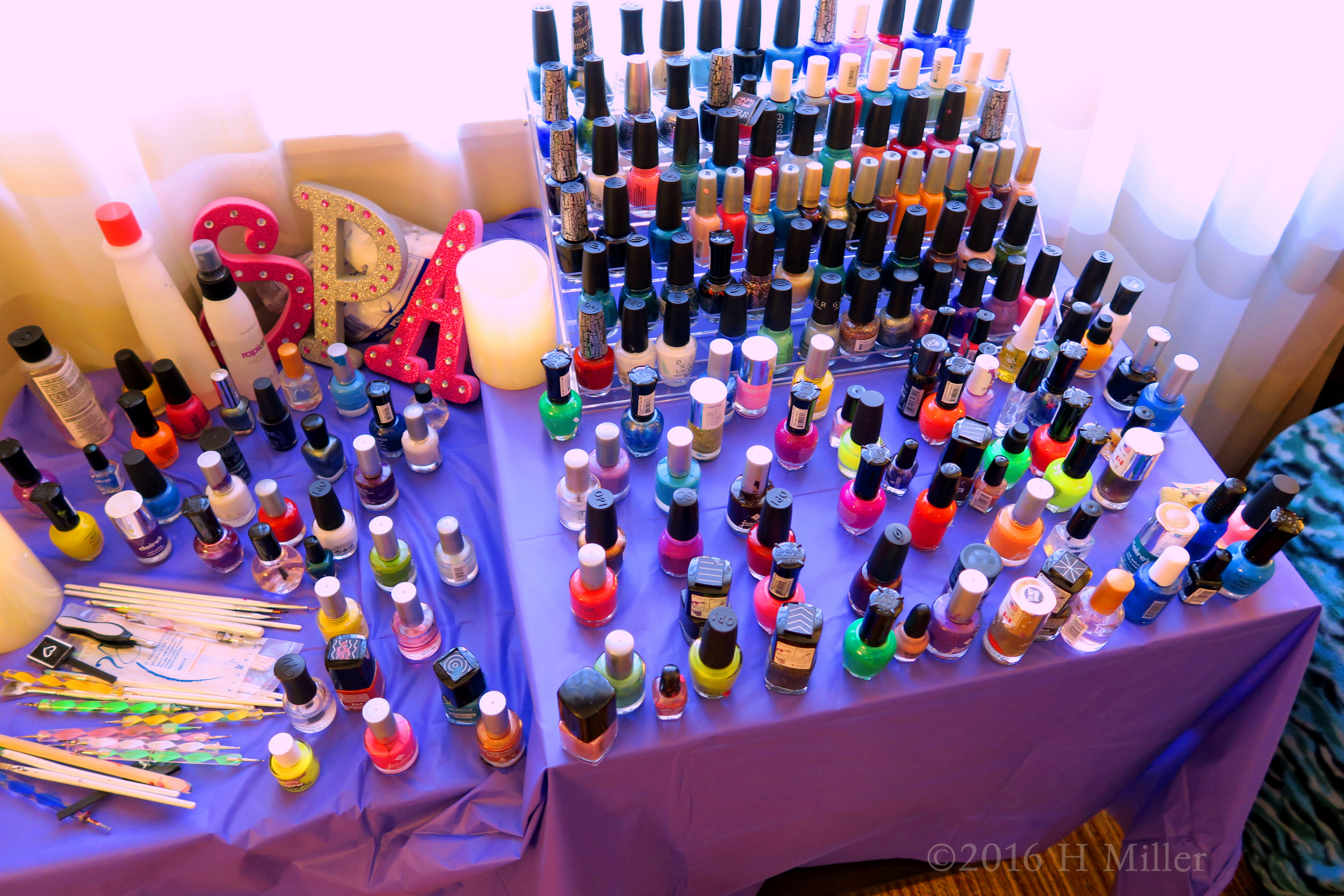 Girls Spa Party Mani Nail Art Area With Polish Bottles.