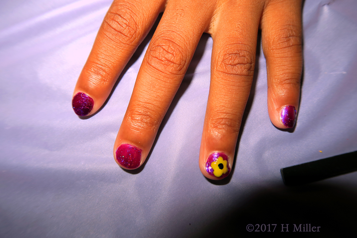 Pink Nail Polish With Bright Yellow Sunflower Nail Art For This Girls Mini Mani! 