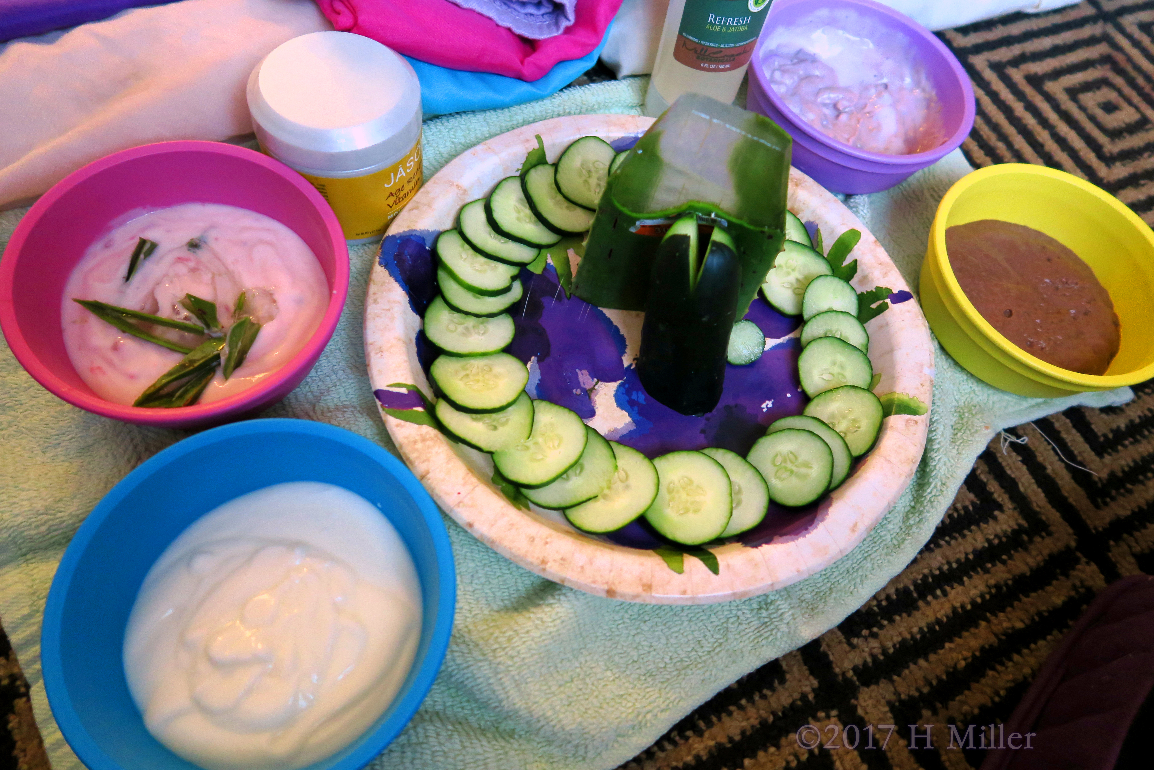 Facial Masques, Cukes Aloe! All ingredients Set Out For The Kids Facials. Facial Masques, Cukes Aloe! All ingredients Set Out For The Kids Facials.