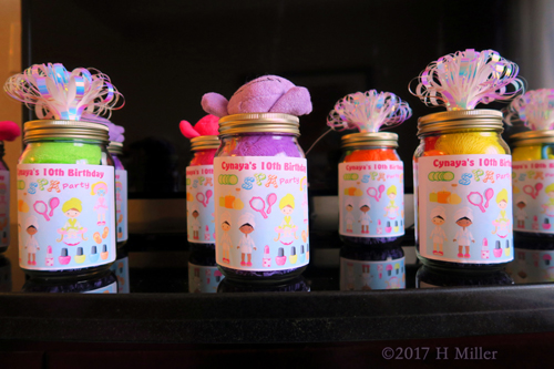 Colorful Jars Of Soft Toys And Kids Spa Themed Party Favors!