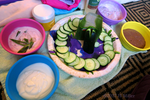 Facial Masques, Cukes Aloe! All ingredients Set Out For The Kids Facials. Facial Masques, Cukes Aloe! All ingredients Set Out For The Kids Facials.
