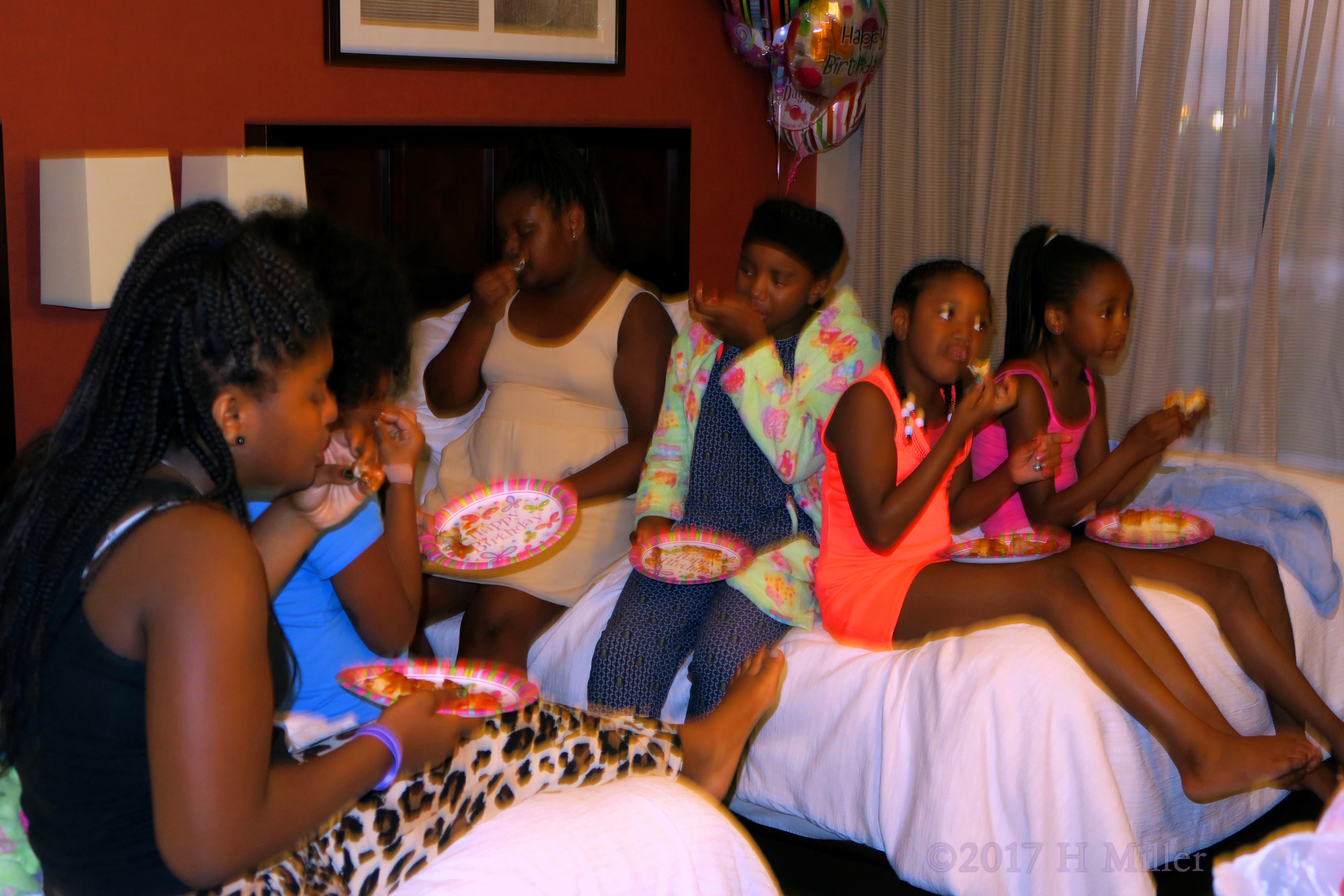 Spa Party Guests Enjoying The Delicious Snacks! Spa Party Guests Enjoying The Delicious Snacks!