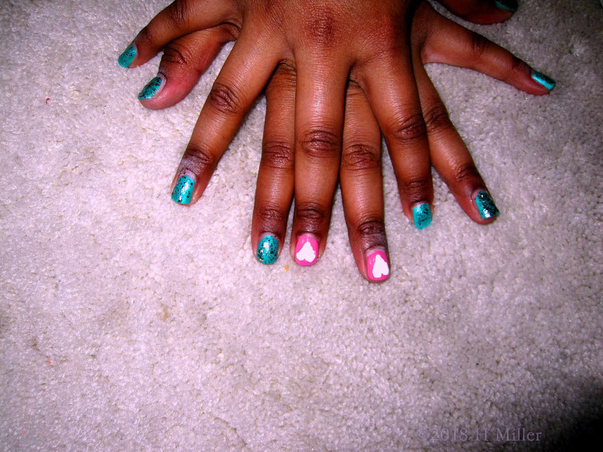 Blue Glitter With A Heart Pink Kids Manicure! 