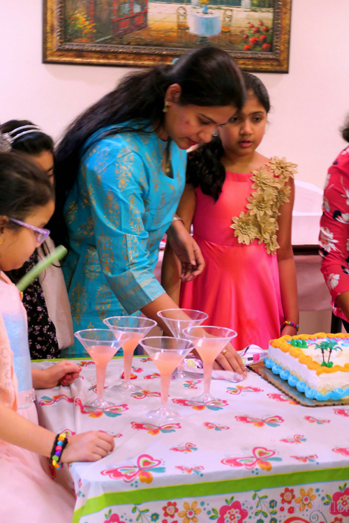 Birthday Cake Along With Glasses Of Kid Friendly Sparking Cider Are On The Table!