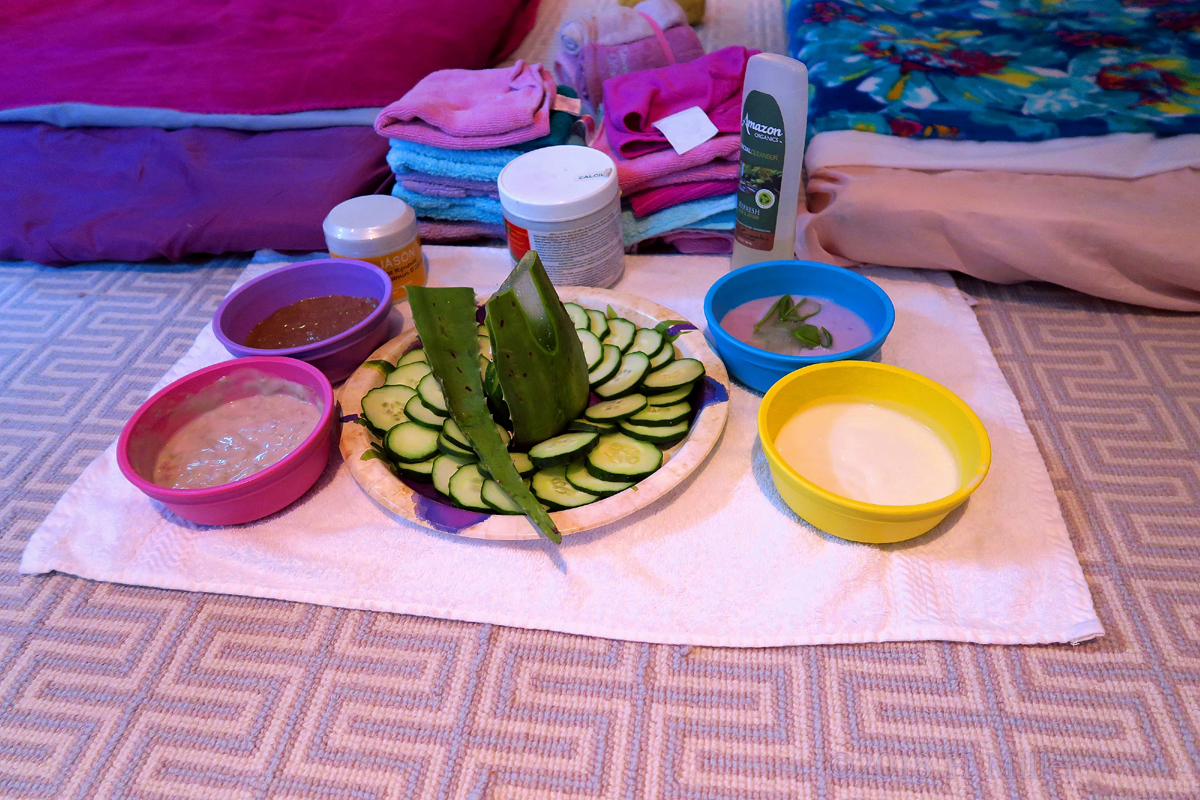 A Plate Full Of Cukes And Aloe And Bowls Of Facial Masque For The Kids Facials! 