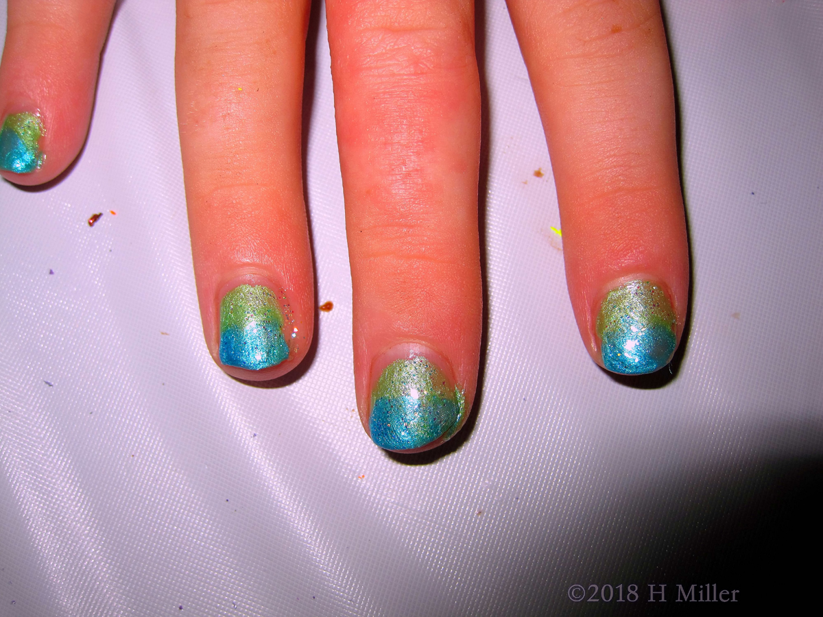 Shiny Blue And Green Ombre Nail Design For This Kids Mini Mani. 