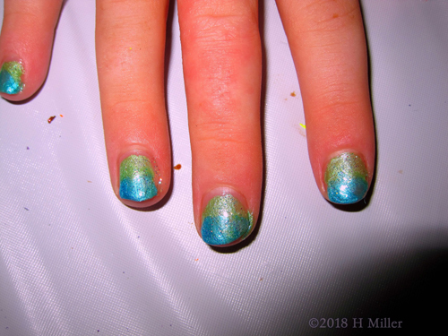 Shiny Blue And Green Ombre Nail Design For This Kids Mini Mani.