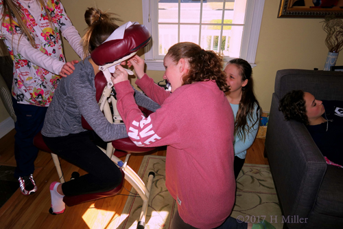Making Sure She Can See Her Party Guests' Face While Getting A Massage! Chilling And Playing Around While On The Massage Chai Making Sure She Can See Her Party Guests' Face While Getting A Massage! Chilling And Playing Around While On The Massage Chai