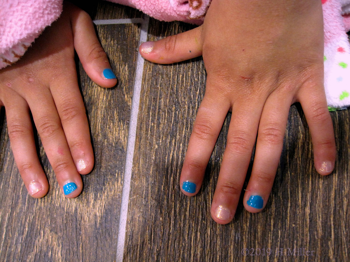 Cute Kids Manicure Glossy Blue With Alternating Clear Glitter Polish