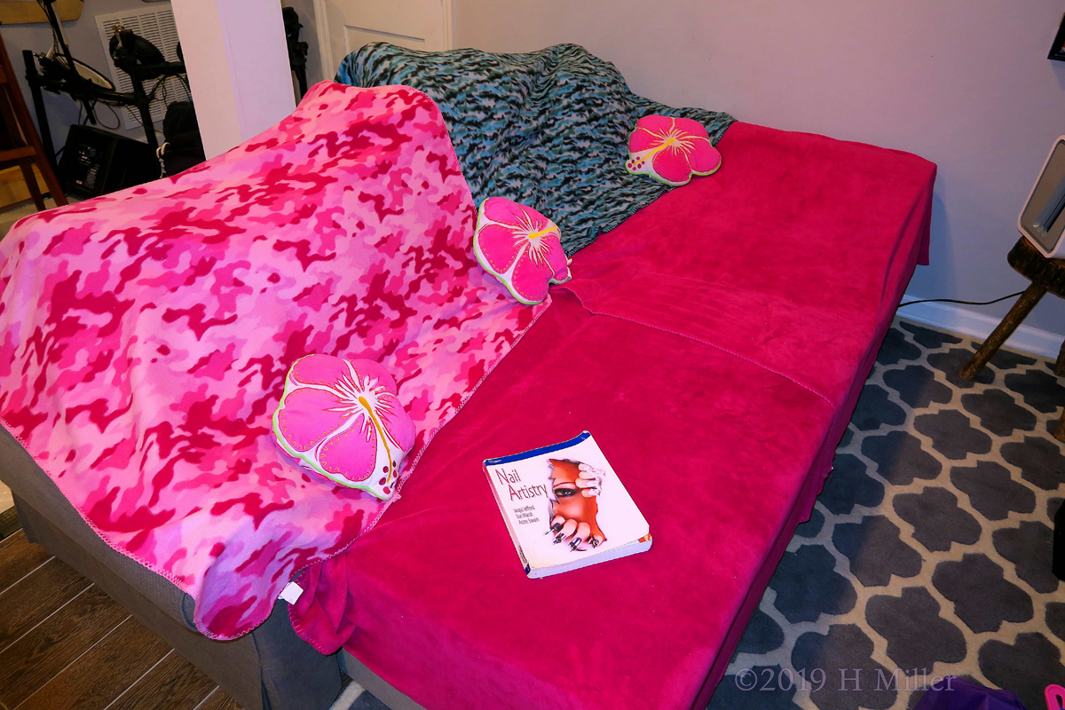 Flower Petal Pillows And Spa Throws At The Kids Massage And Facial Station Setup And Ready 