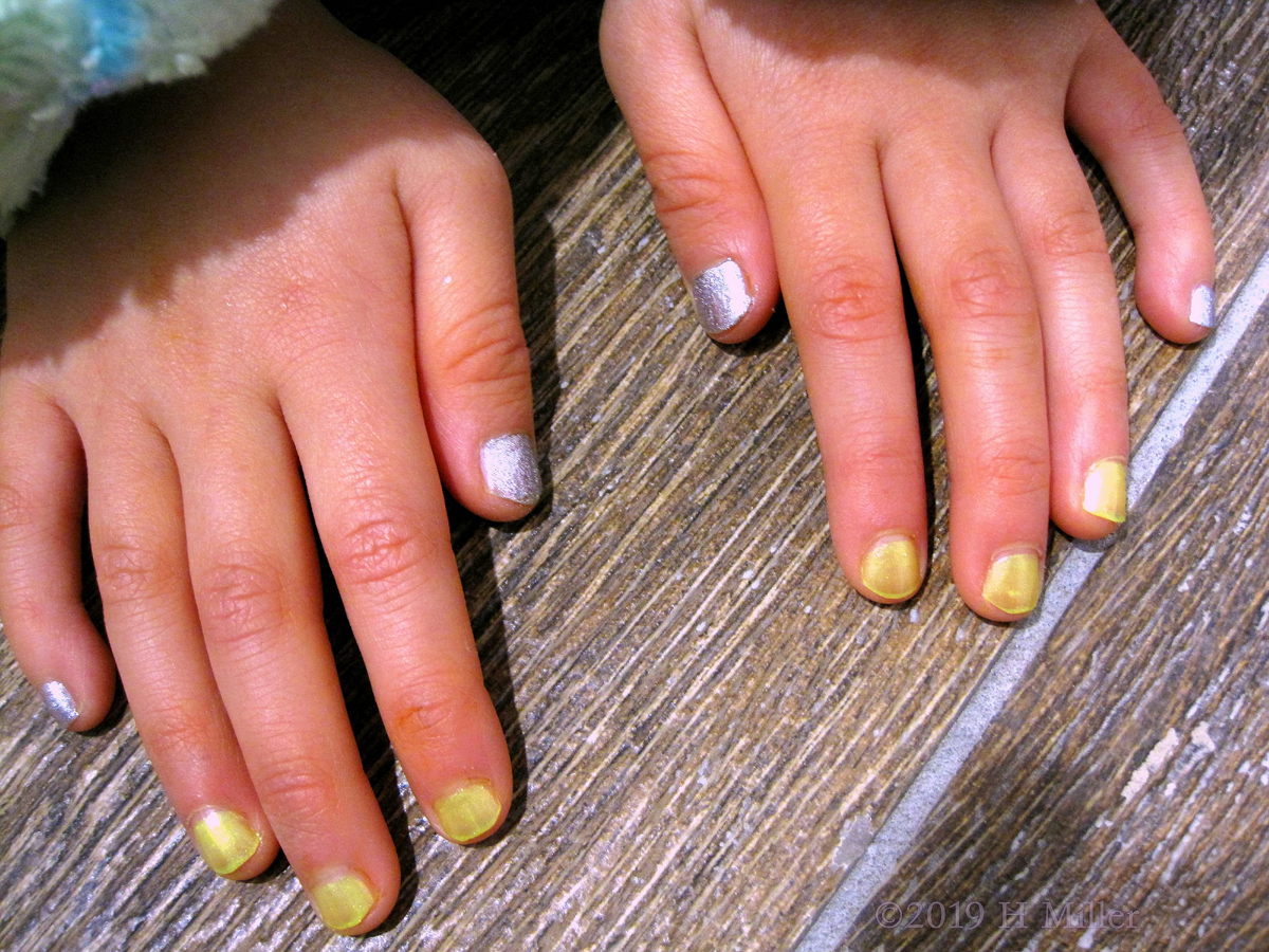 Kids Manicure Glitter Yellow Polish With Silver Glitter Accent Nails