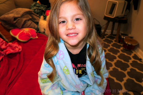 Smiling Her Kids Spa Robe, Posing With Her Curled Kids Hairstyle! Smiling Her Kids Spa Robe, Posing With Her Curled Kids Hairstyle!