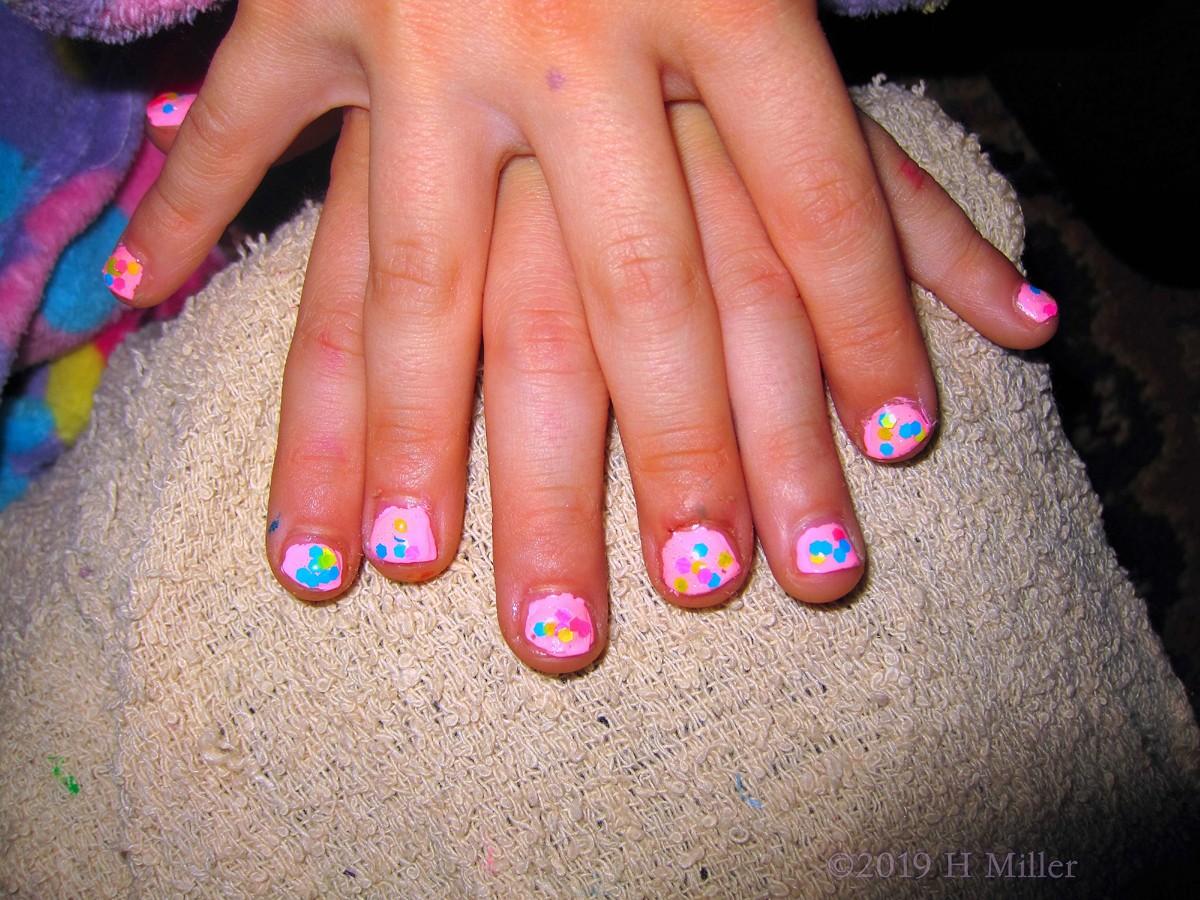 Cupcakes And Sprinkles! Kids Mani Has Pink Polish With Multicolored Polka Dots! 