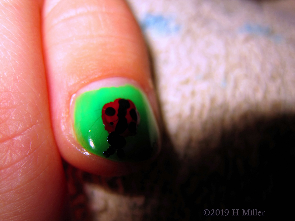 Green And Things! Green Polish On A Kids Mani Features Ladybug Nail Design! 