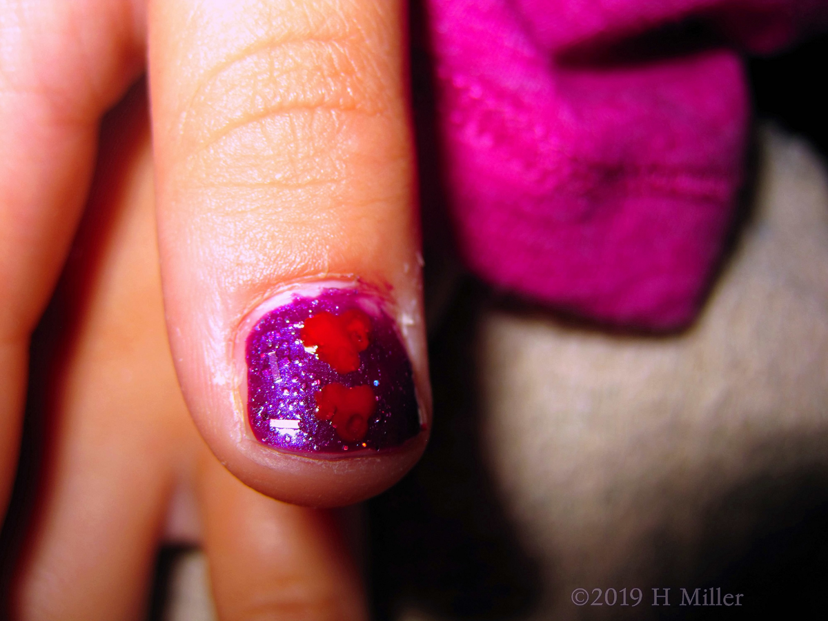 Mainly Purple On Kids Mani! Kids Mani Has Glitter Purple Polish With Heart Nail Art! 