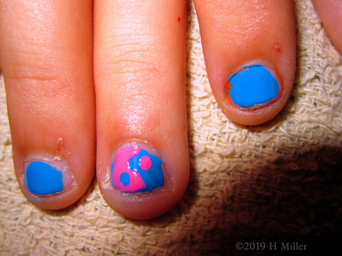 Party Guest Is Polished! Kids Mani Featuring Blue Polish And Pink Nail Design! 