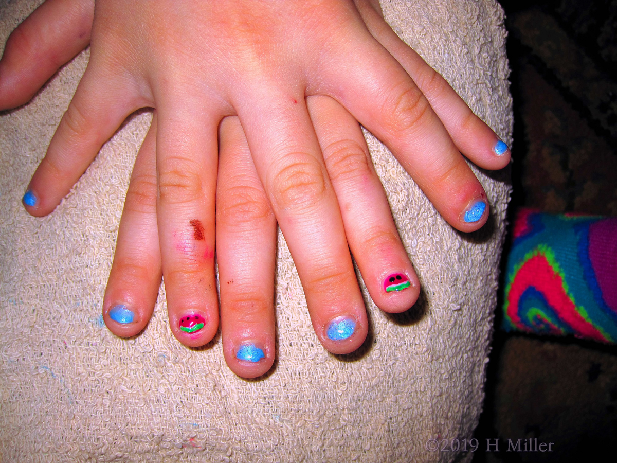 Watermelon And Water! Party Guest Gets Kids Mani With Ocean Blue Polish And Watermelon Nail Art! 