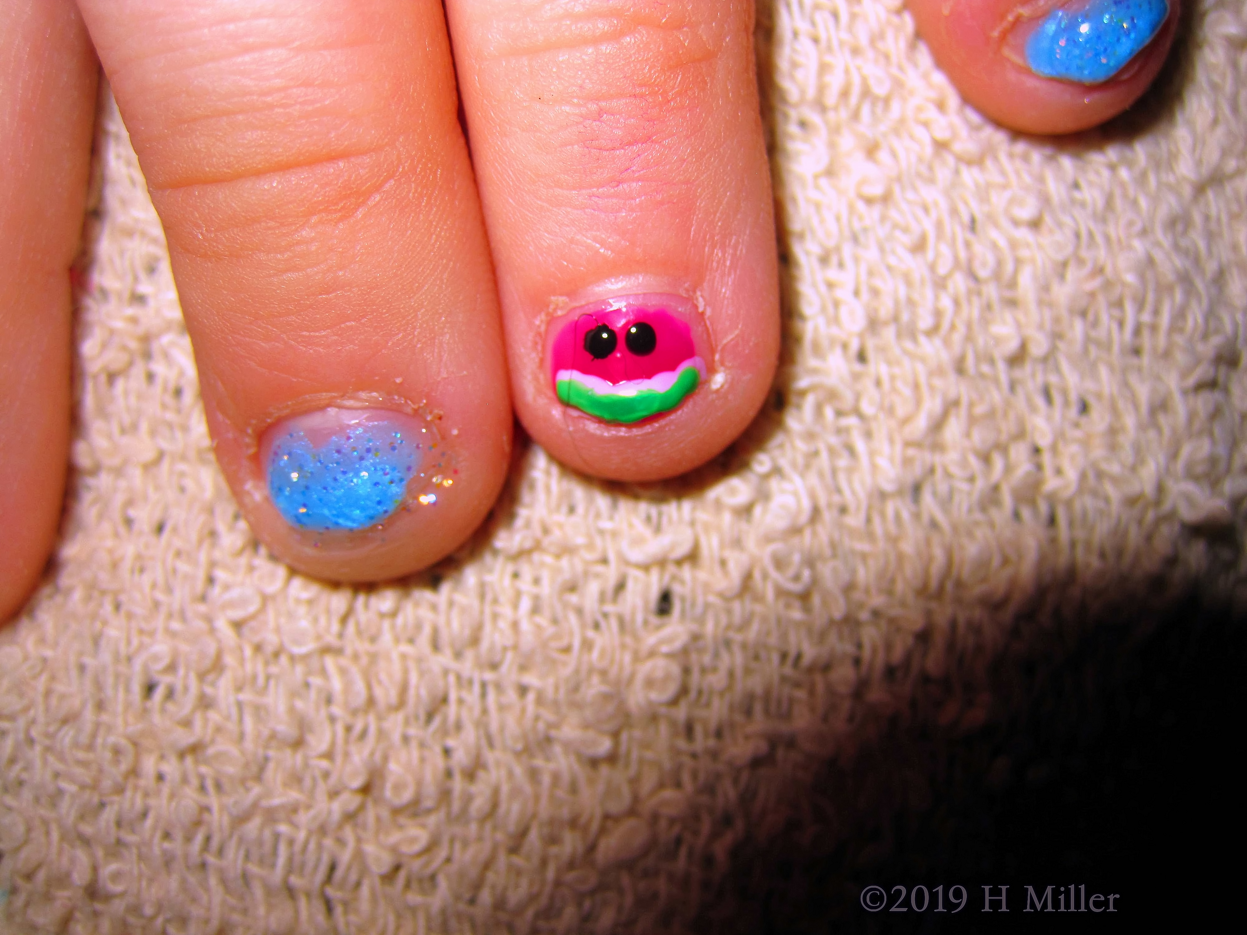 Blue Glitter And Fruit! Kids Mani With Blue Polish And Watermelon Nail Design! Blue Glitter And Fruit! Kids Mani With Blue Polish And Watermelon Nail Design!