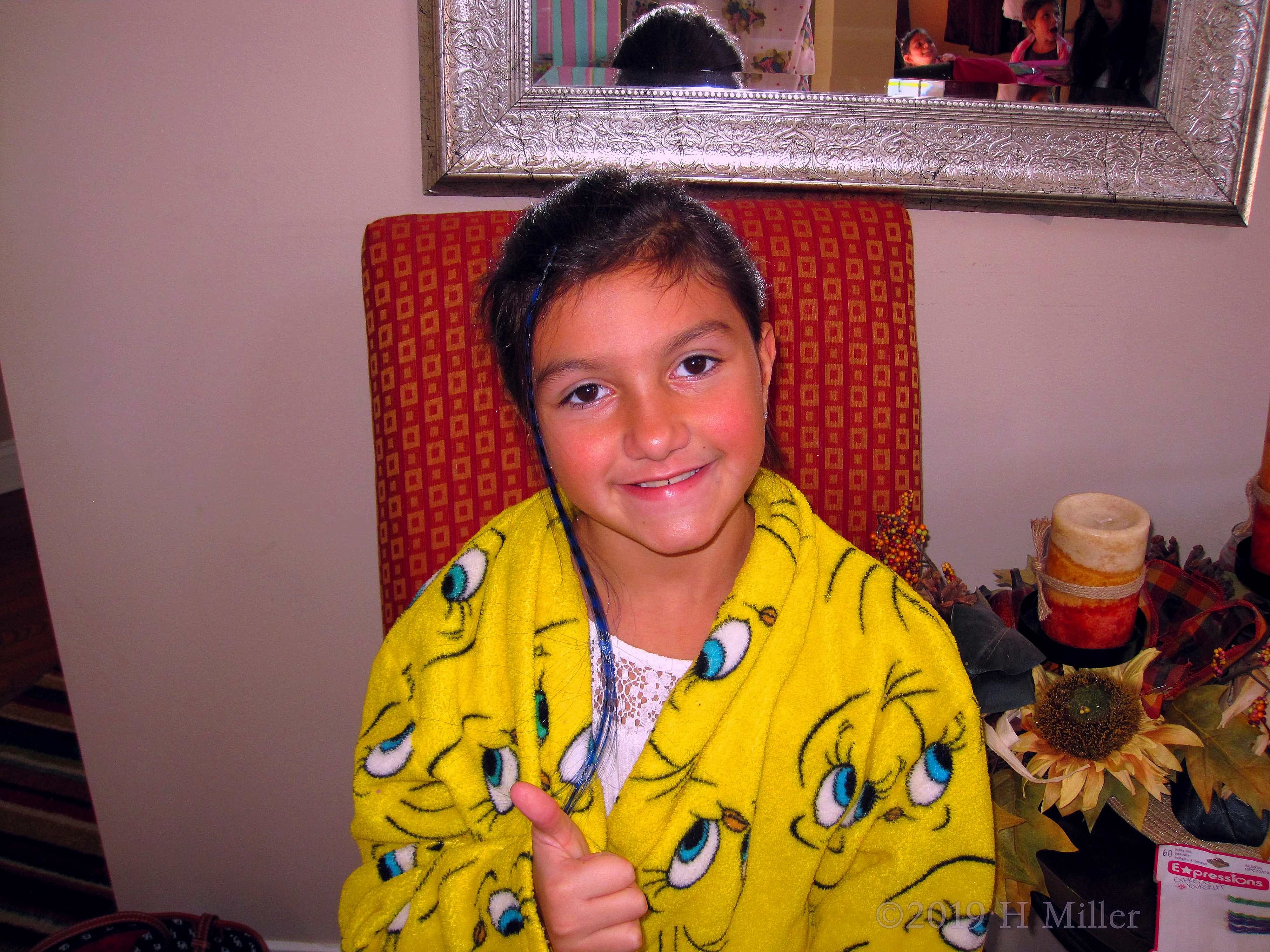 Complementary Colors! Party Guest Gets Blue Hair Feather In A Yellow Tweety Robe! Complementary Colors! Party Guest Gets Blue Hair Feather In A Yellow Tweety Robe!