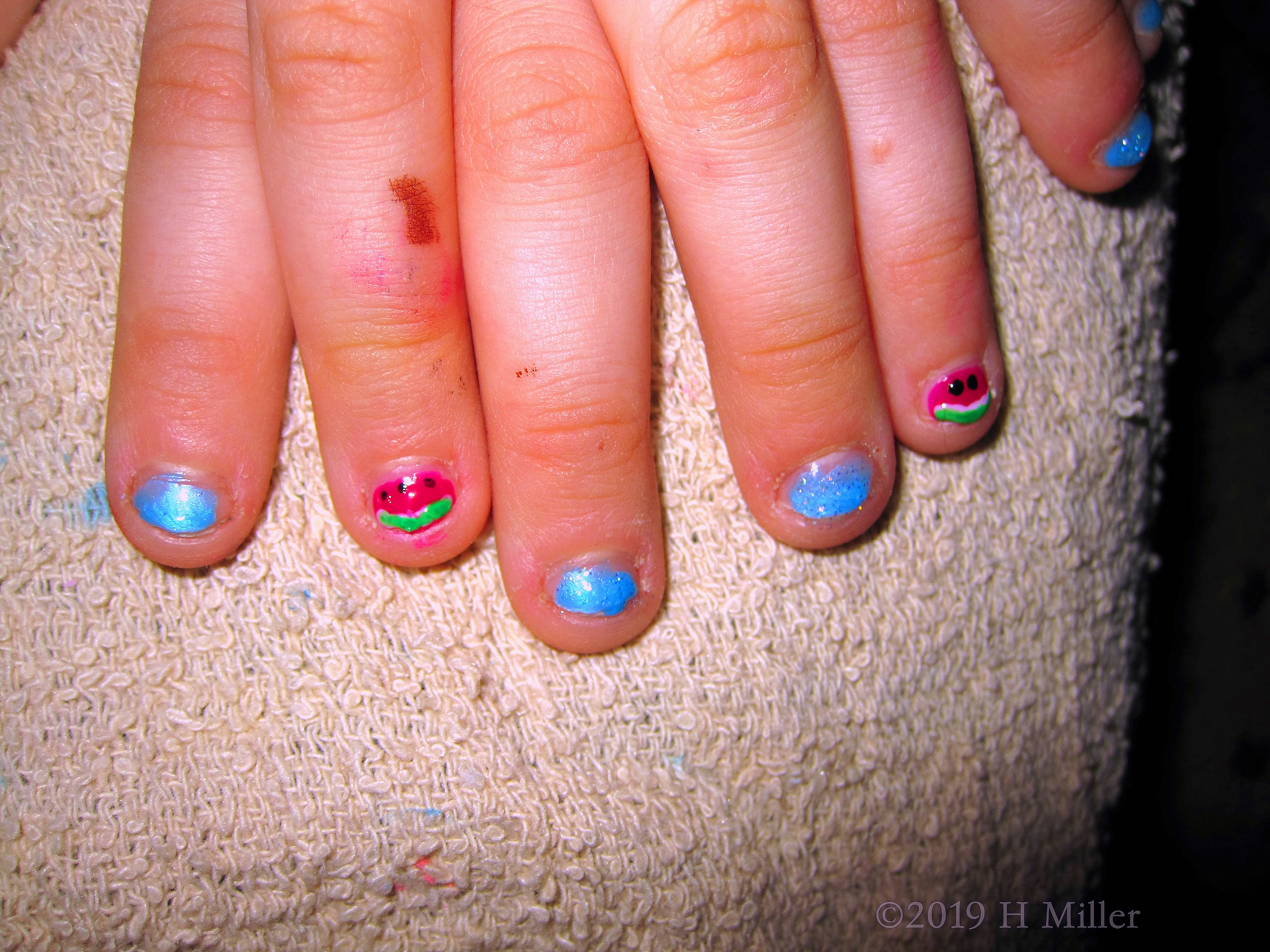 Melon Mani! Kids Mani With Blue Polish And Watermelon Nail Art! Melon Mani! Kids Mani With Blue Polish And Watermelon Nail Art!