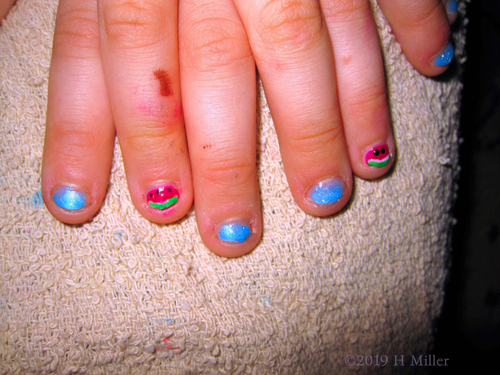 Melon Mani! Kids Mani With Blue Polish And Watermelon Nail Art! Melon Mani! Kids Mani With Blue Polish And Watermelon Nail Art!