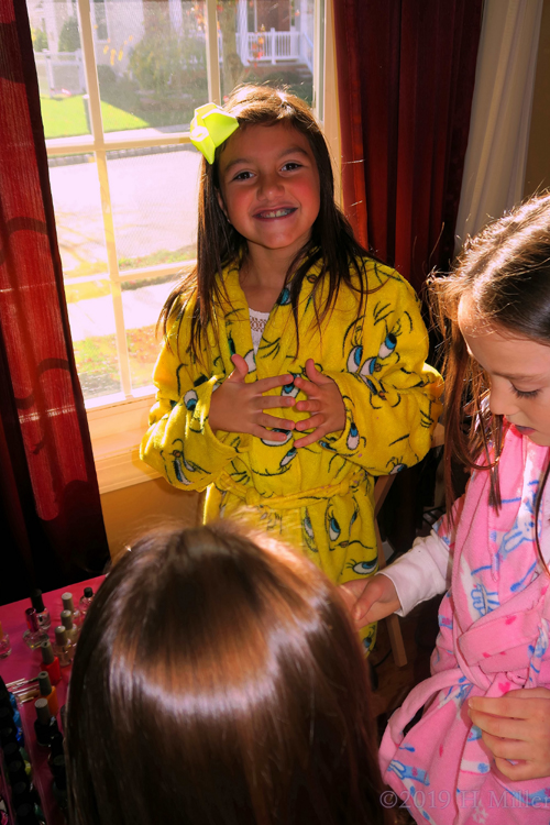 She's Got Sunshine! Kids Party Guest Poses By Window In Yellow Spa Robe! 