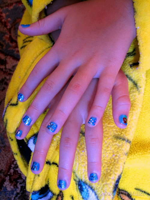 Strawberries And Their Seeds Nail Art On Blue Polished Kids Manicure For This Spa Party Guest
