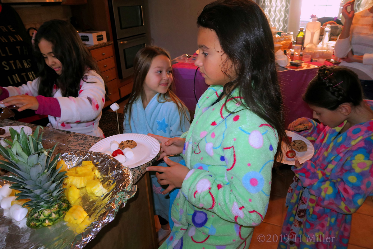 Lining Up To Dip In! Kids Party Guests In Line For Chocolate Fountain! Lining Up To Dip In! Kids Party Guests In Line For Chocolate Fountain!