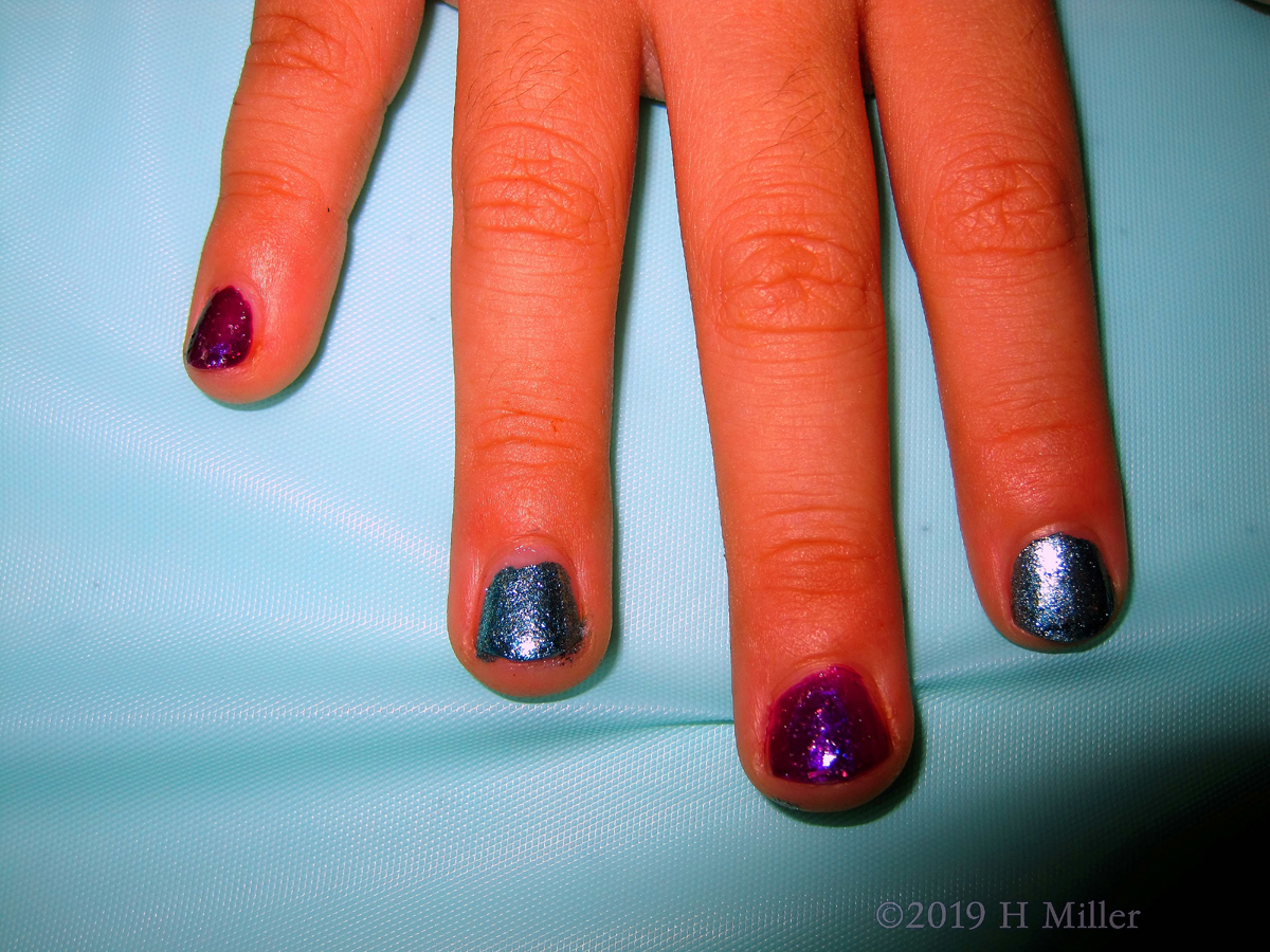 All That Glitters! Purple And Teal Glitter Polish For Kids Mani!