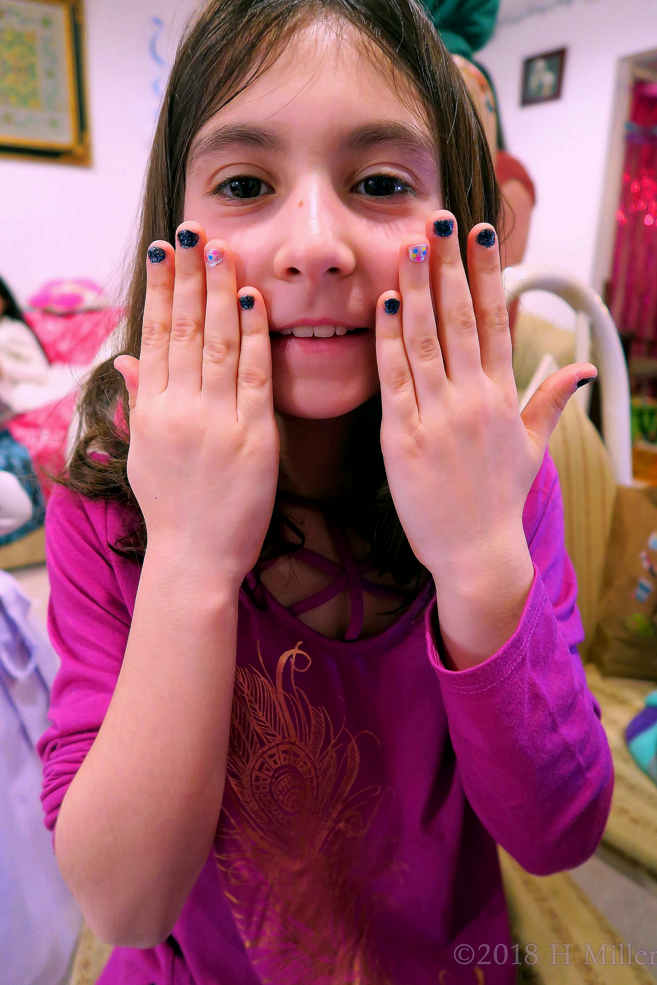 Another Stunning Kids Manicure! Blue With Glittery Dots With A White Accent Nail With Rainbow Glitter On Her Mini Mani 