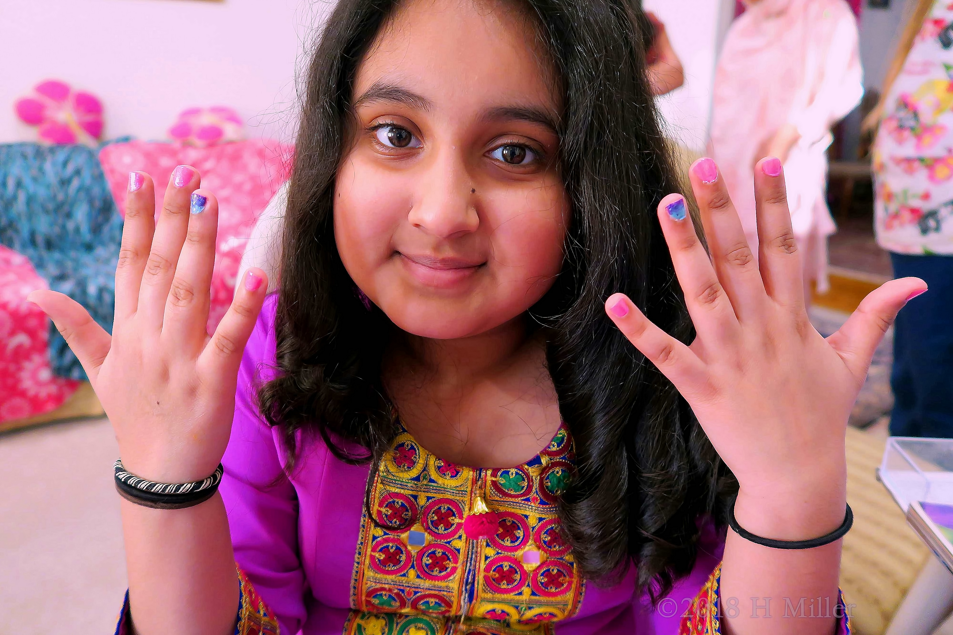 Stunning Pink Kids Manicure With Marbled Nail Art With A Touch Of Blue Stunning Pink Kids Manicure With Marbled Nail Art With A Touch Of Blue