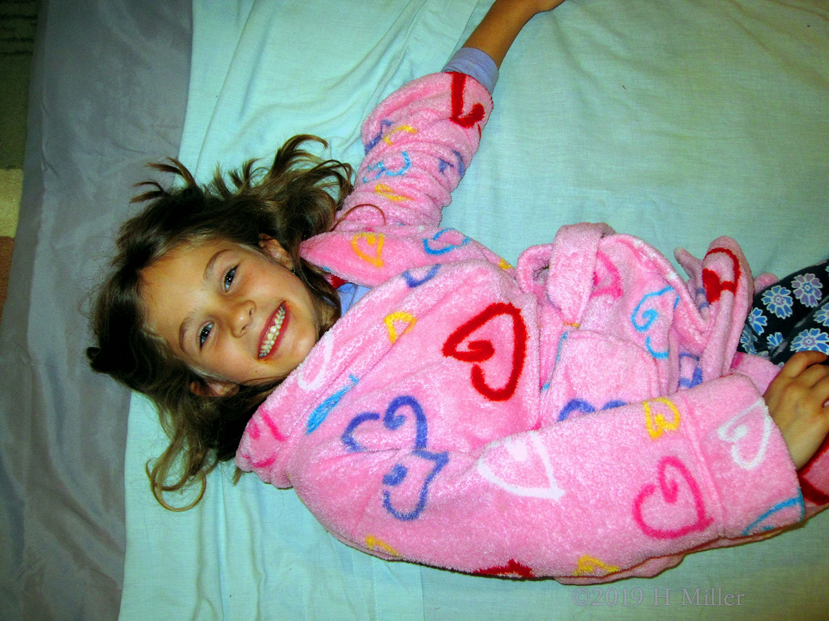 Pink Hearts And Smiles! Spa Party Guest Poses In Her Kids Spa Robe! 