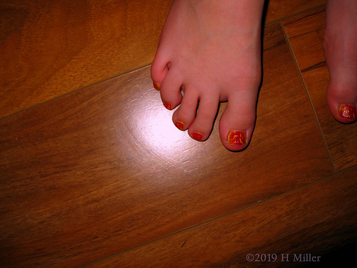 Red Shatter On Yellow Shiny Polish For This Kids Pedicure! 