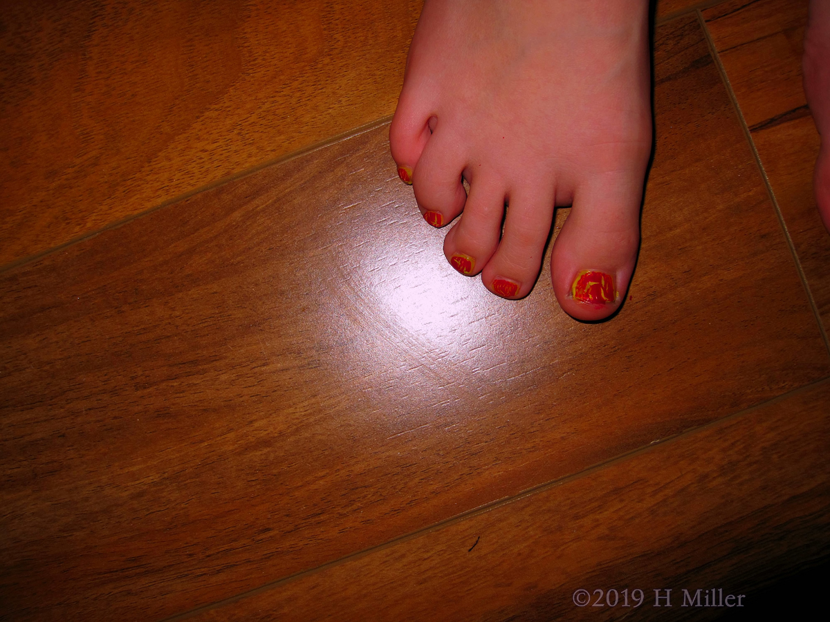Red Shatter Over Yellow Polish On Girls Pedicure! 
