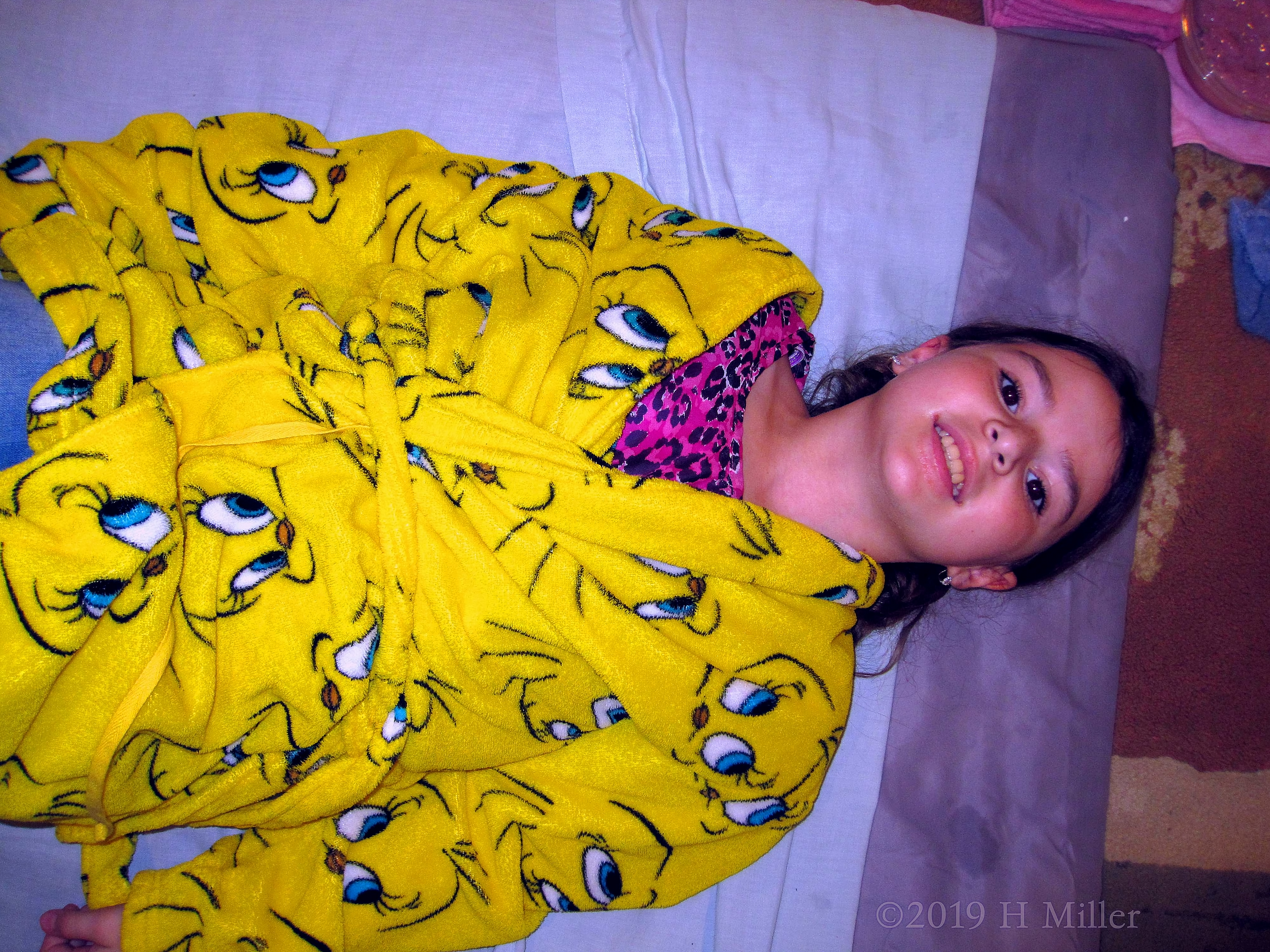 Party Guest In Tweety Bird Kids Spa Robe Ready For Her Kids Facial! Party Guest In Tweety Bird Kids Spa Robe Ready For Her Kids Facial!