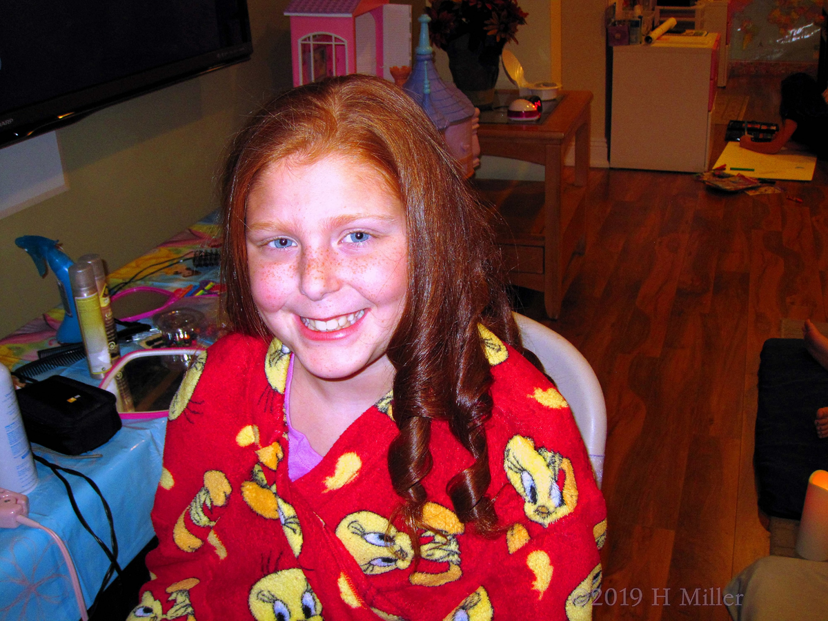 Curls And Birds! Party Guest Smiles At The Hair Salon At The Spa Party For Girls!