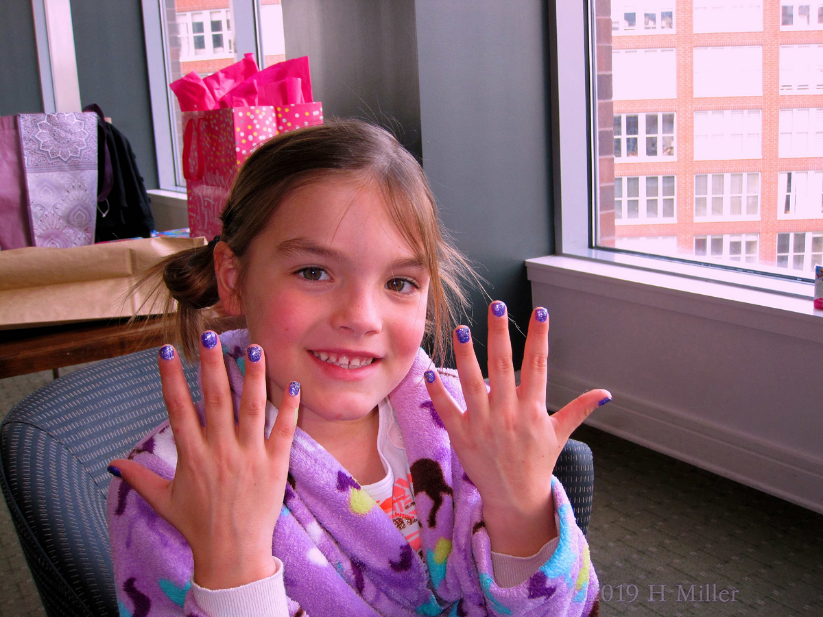 Smiles For Her Purple Girls Manicure! It Matches The Purple Horses On Her Spa Robe, Too! 