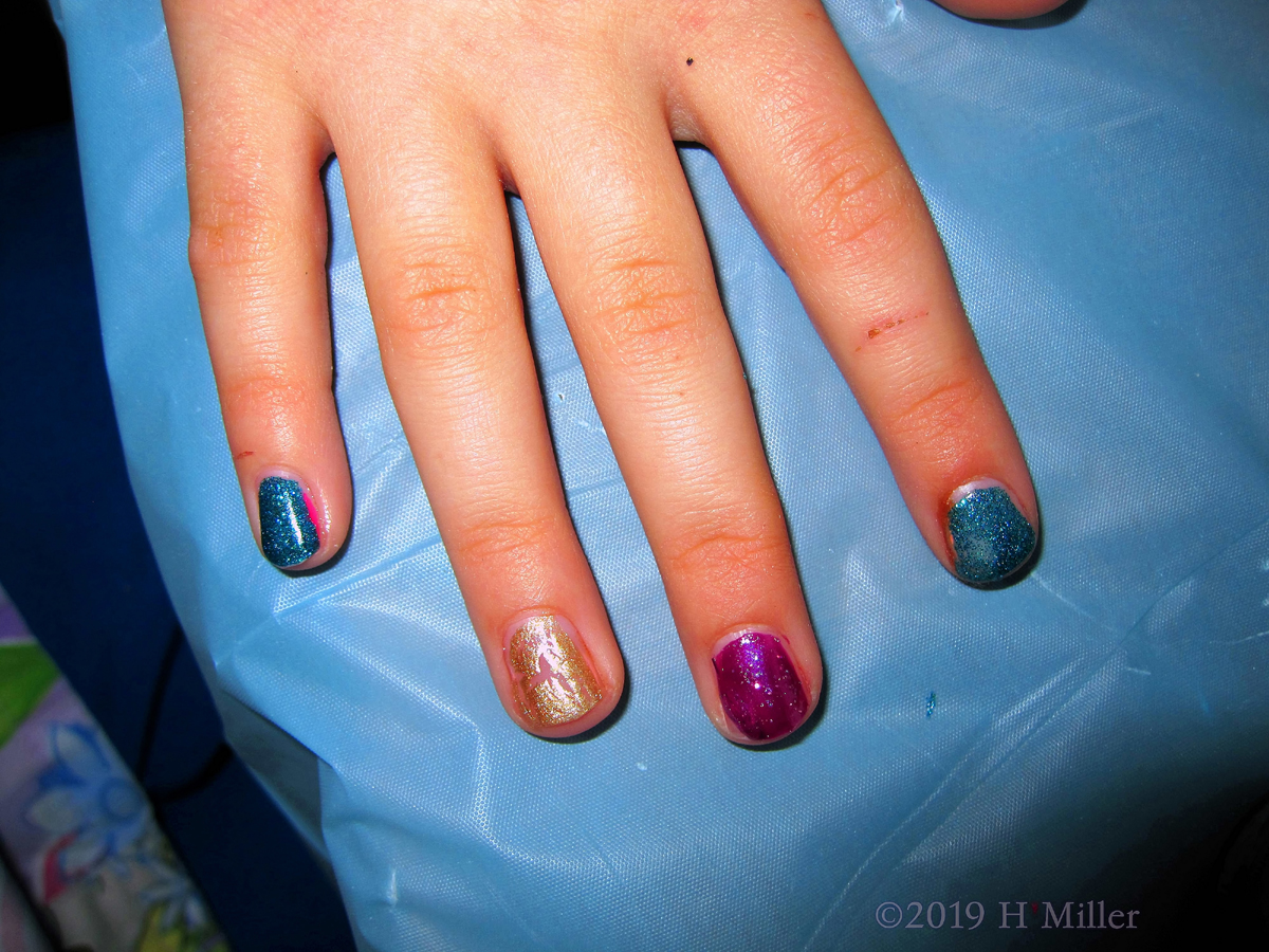 Such Pretty Colors! Teal, Purple, And Gold On This Elegant Kids Manicure! 