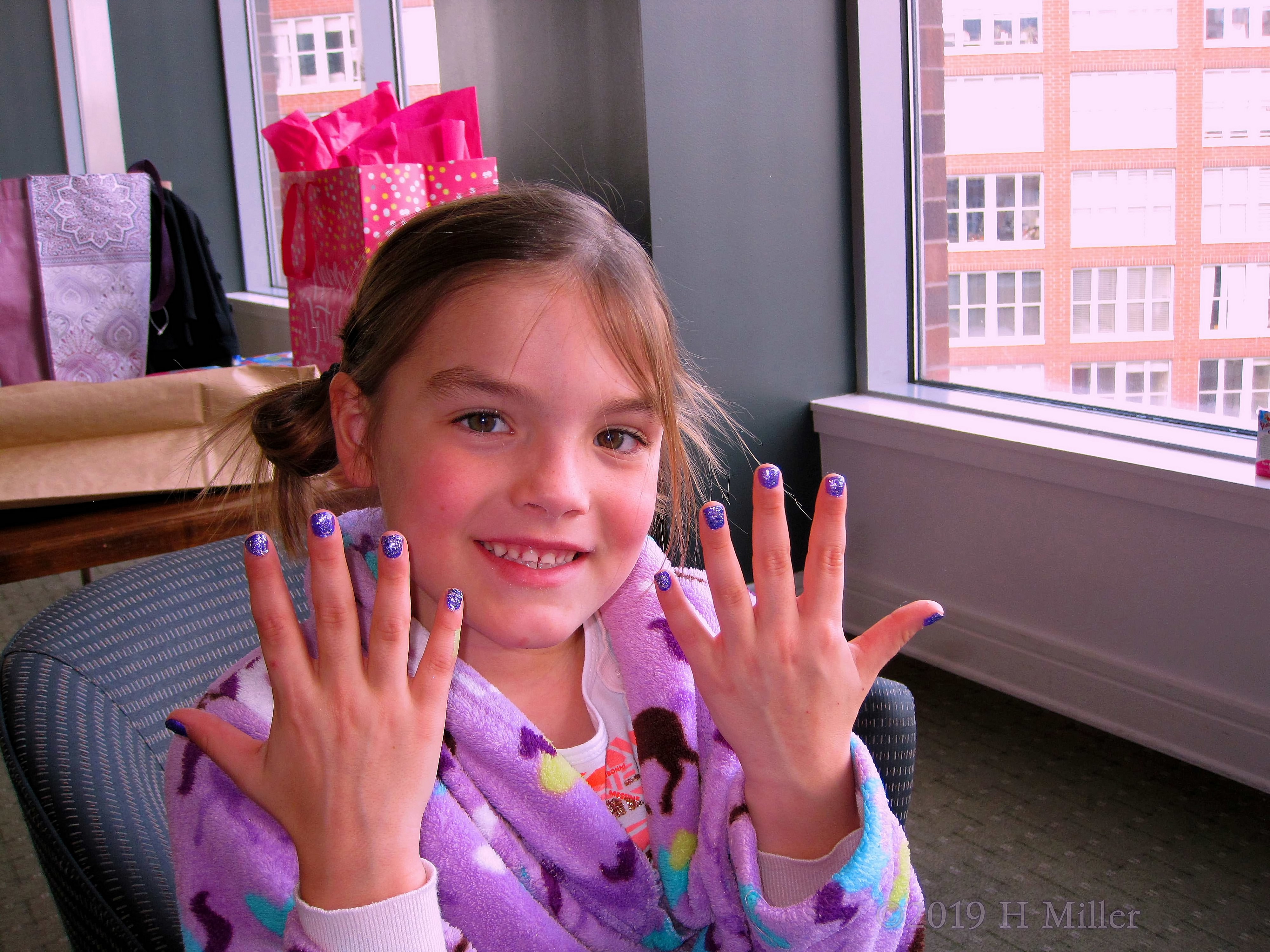 Smiles For Her Purple Girls Manicure! It Matches The Purple Horses On Her Spa Robe, Too! Smiles For Her Purple Girls Manicure! It Matches The Purple Horses On Her Spa Robe, Too!