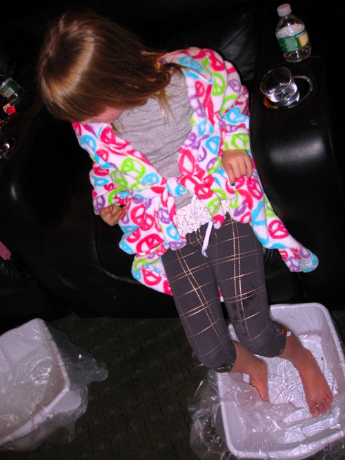 Party Guest In Her Peace Print Spa Robe Enjoying Her Mini Pedicure For Girls!