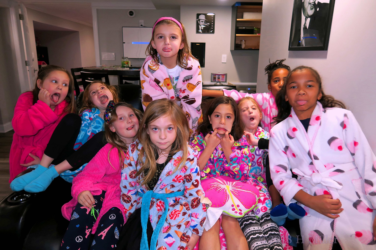 Cozy Robes And Silly Faces! Group Photo Posing In Kids Spa Robes! 