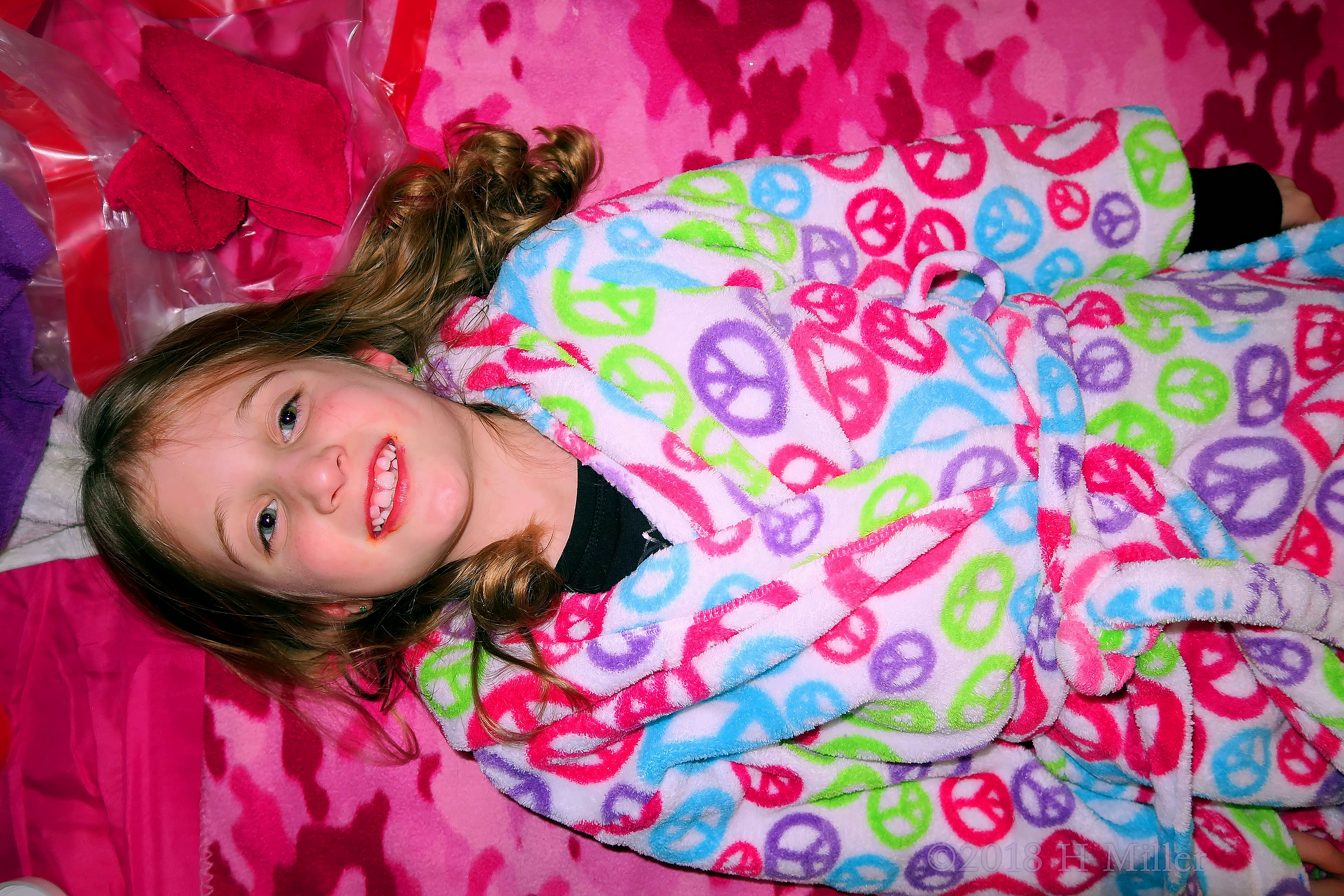 Pampered In Peace Signs! Cozy Kids Spa Robe And Ready For Her Kids Facial! Pampered In Peace Signs! Cozy Kids Spa Robe And Ready For Her Kids Facial!