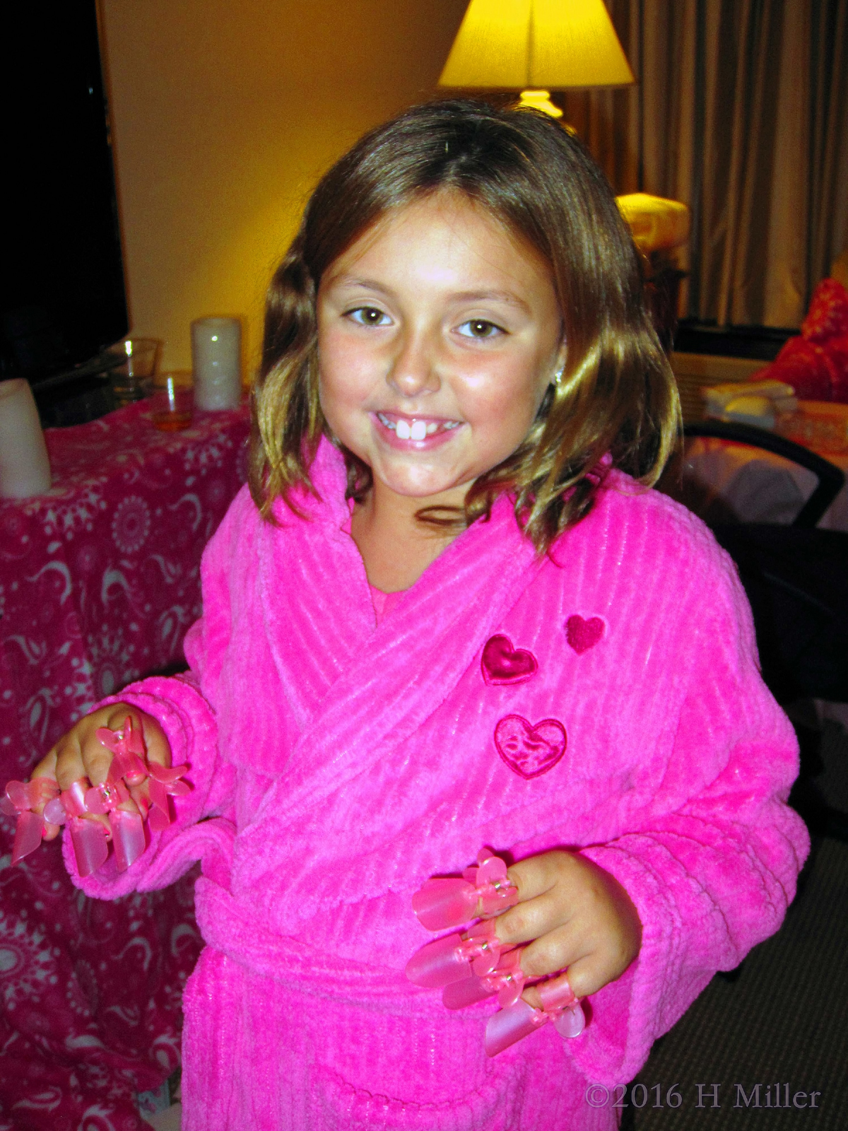 Smiling In Her Spa Robe And Manicure Protectors 