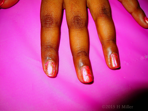 Pink Polish With Red Shatter And Glitter Kids Mani