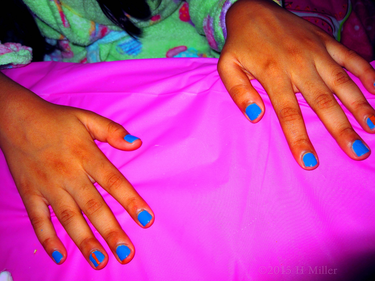 Blue Mani With Orange Stripe On One Nail. 