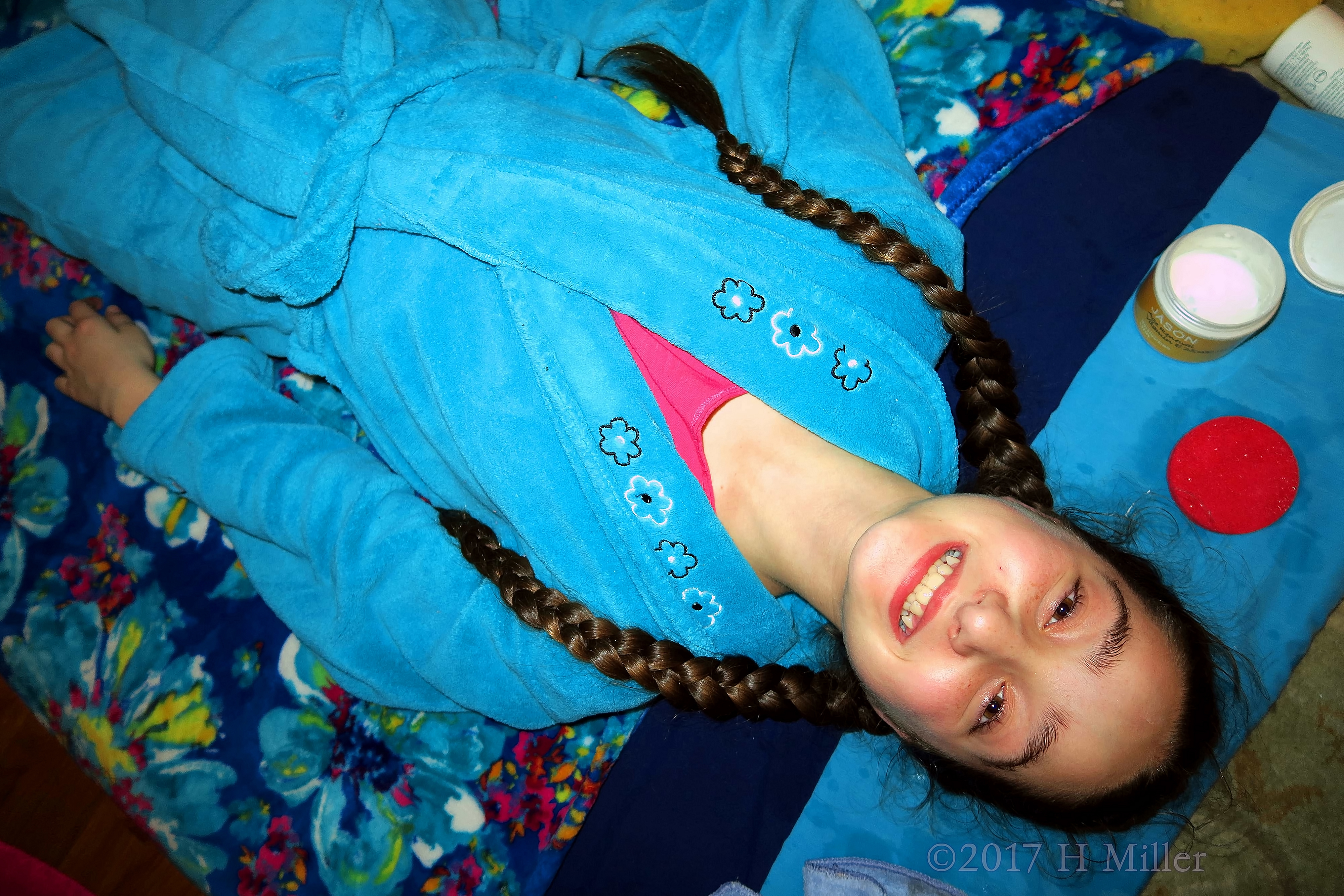 Smiling In Her Blue Spa Robe, Waiting For Her Kids Facial To Begin! Smiling In Her Blue Spa Robe, Waiting For Her Kids Facial To Begin!