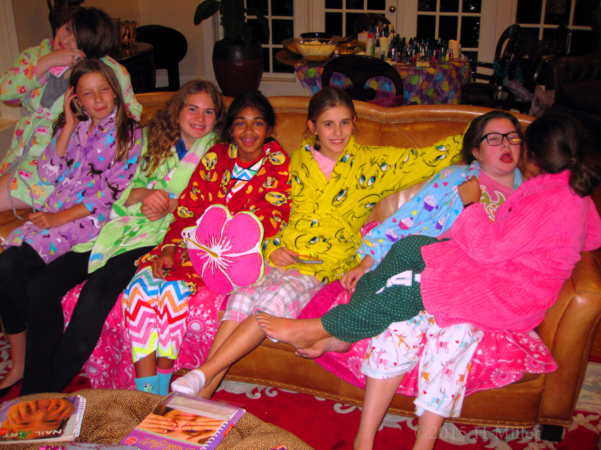 Everybody Ready For The Kids Party Group Pic On The Couch Wearing Their Robes 